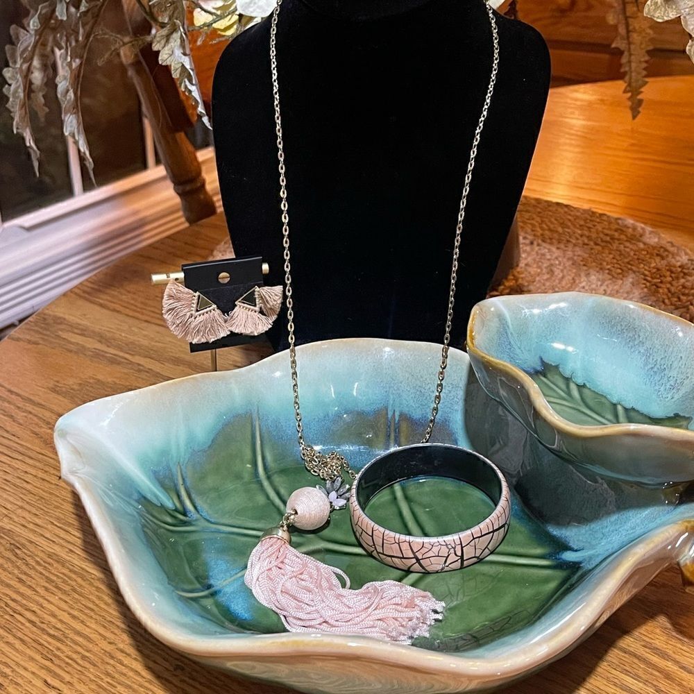 Pale Pink Long Statement Necklace, Earrings & Bangle Bracelet